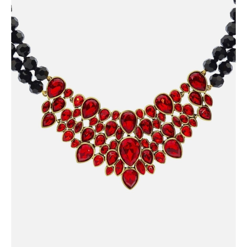 Heidi Daus Red Crystal Bib Statement Necklace Blk Beaded Double Strand Gold Tone - Picture 5 of 6